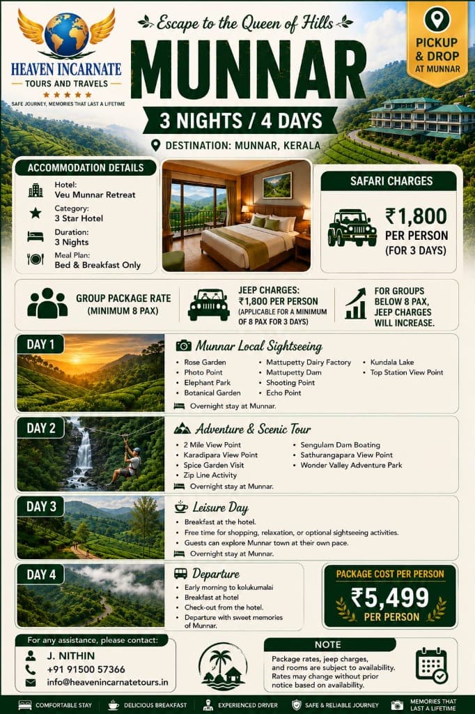 Munnar Tour Itinerary 3 Nights / 4 Days